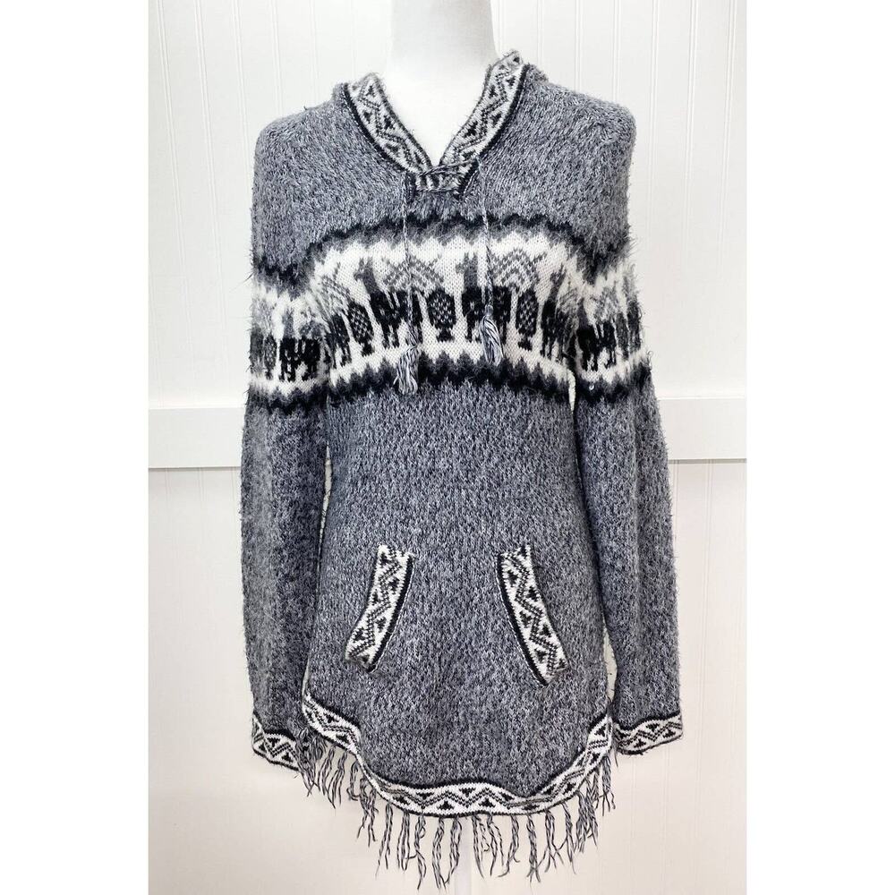 Alpaca Blend Sweater Grupo Brisanti Fuzzy Knit Gray Hooded Soft Fringe *No Size